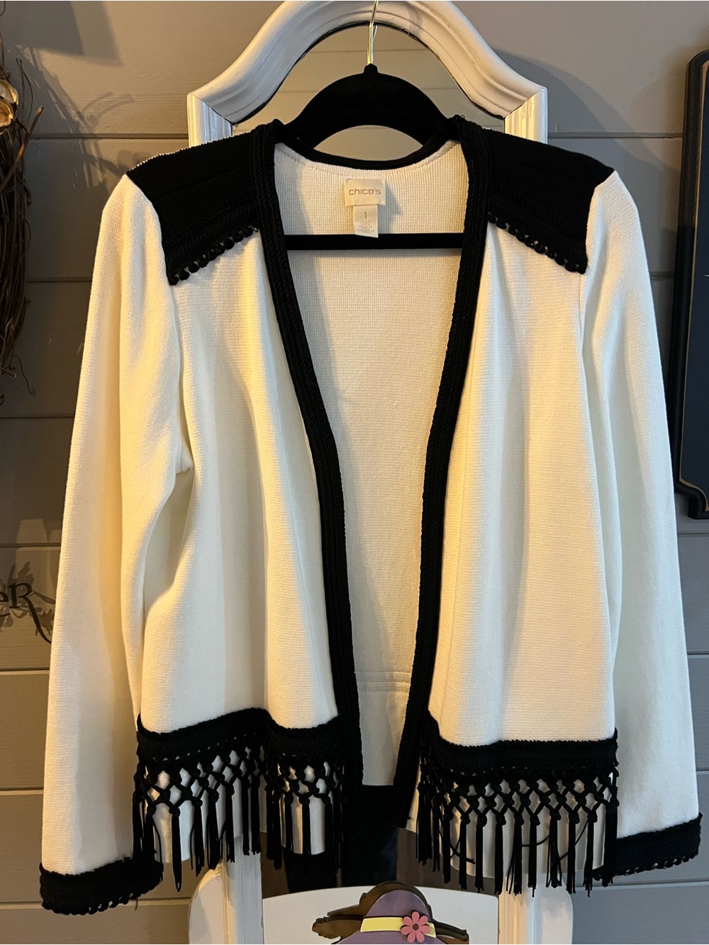 Chico's Cream and Black Open-Front Cardigan with Fringe